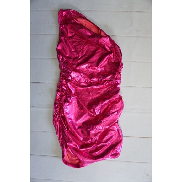 Pink Shiny One-Shoulder Ruched Dress - Size S - Picture 2 of 7